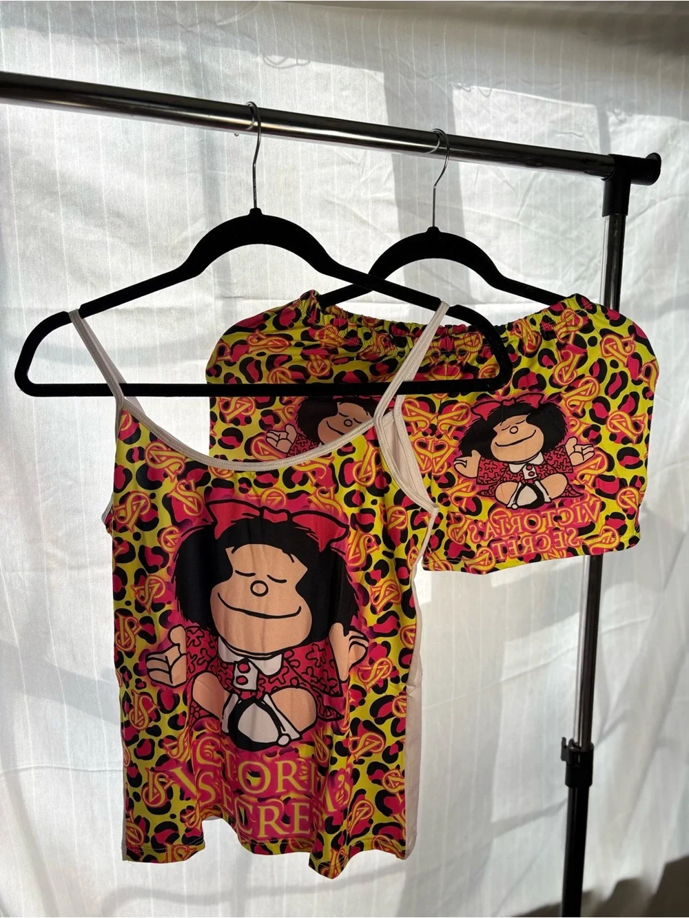 Victoria's Secret Neon Yellow Pink Black Mafalda Tank & Shorts Set